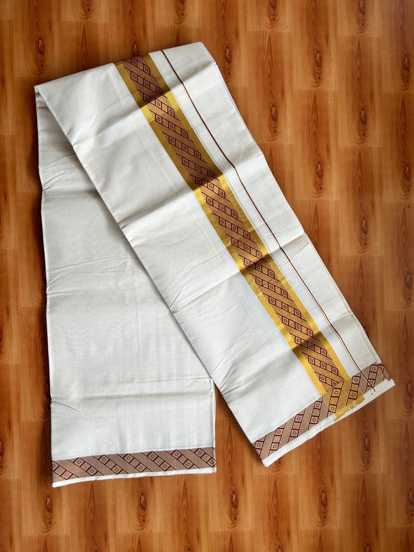 Off White (Unbleached) Double Mundu/Dhoti - 20% Discount ! KaithariKada Pure Cotton - 100x80 - 2 inch Gold Kasav & Red Jacquard Design kara 4 mtr (8.5 Muzham) - 4 KK5483 PMC