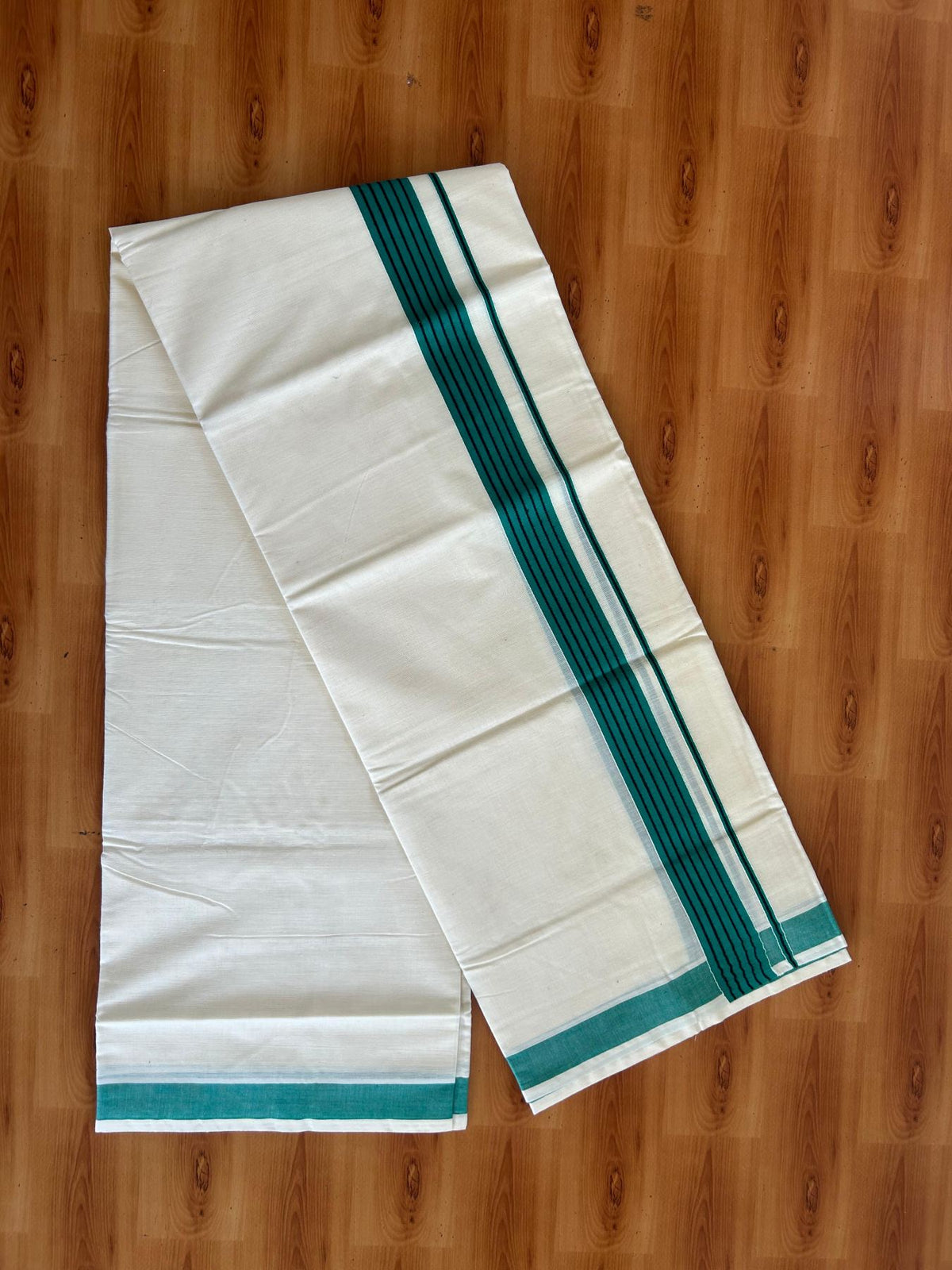 Double Off White (Unbleached) Mundu/Dhoti - 20% Discount! KaithariKada Pulimood 100% Cotton - 80x72 - 1.5 inch Teal Green & Black Striped Kara 4 mtr (8.5 muzham) - 16 KK5552 VIN