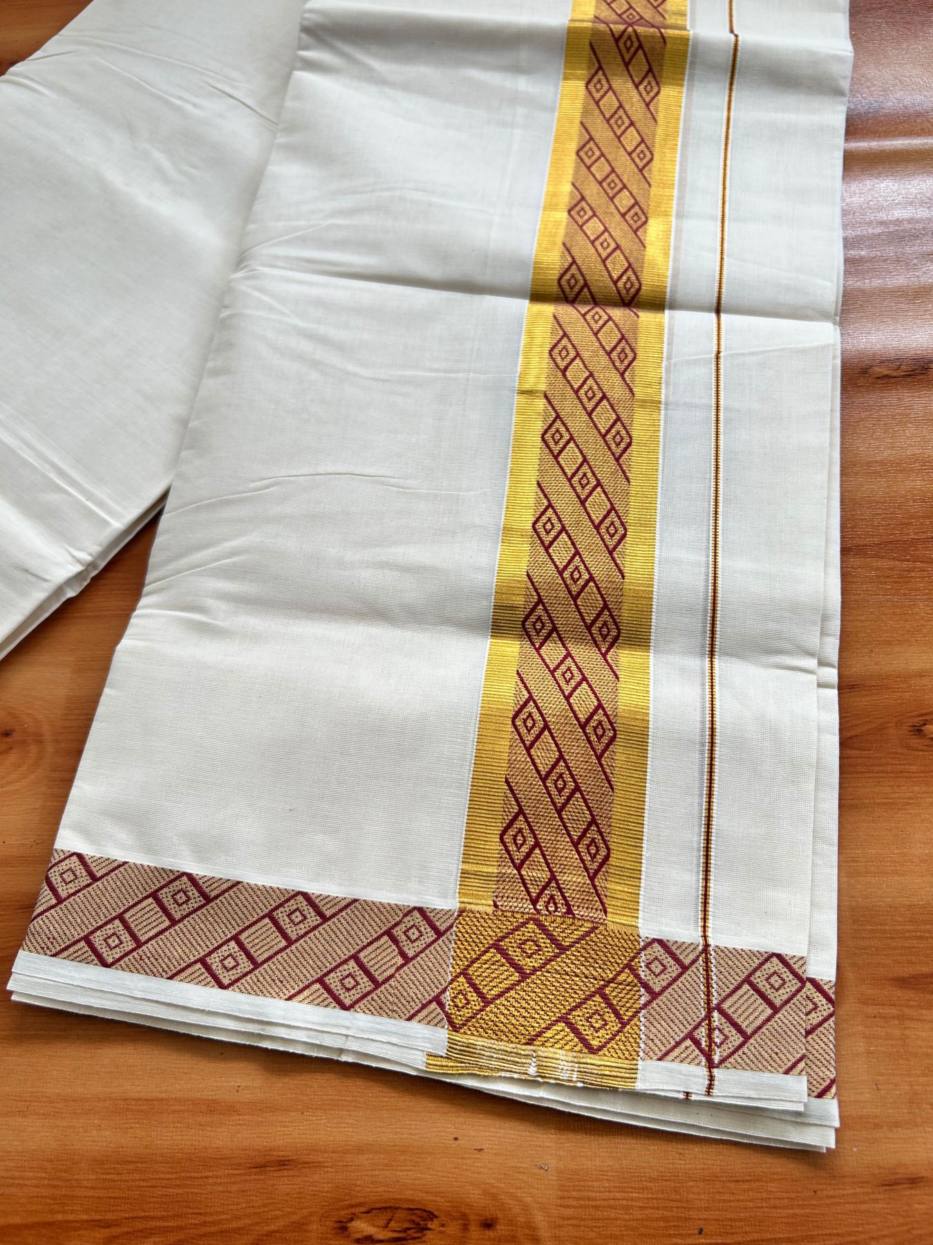 Off White (Unbleached) Double Mundu/Dhoti - 20% Discount ! KaithariKada Pure Cotton - 100x80 - 2 inch Gold Kasav & Red Jacquard Design kara 4 mtr (8.5 Muzham) - 4 KK5483 PMC