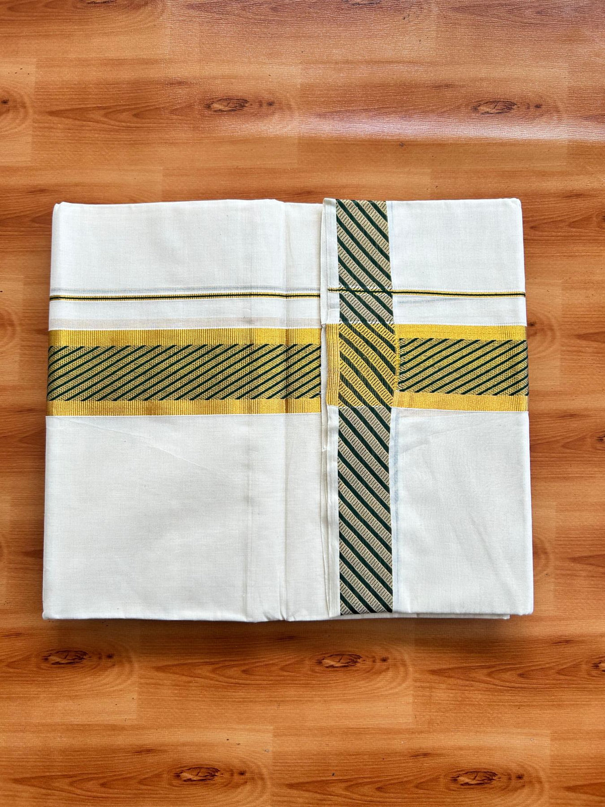 Off White (Unbleached) Double Mundu/Dhoti - 20% Discount ! KaithariKada Pure Cotton - 100x80 - 2 inch Gold Kasav & Dark Green Jacquard Design kara 4 mtr (8.5 Muzham) - 6 KK5483 PMC