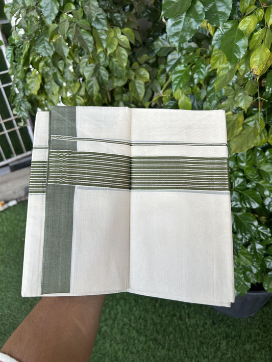 20% Discount! KaithariKada Balaramapuram 100% Cotton Off white Double Mundu/Dhoti - 80s - 1.75 inch Silver Kasav & Olive Green Striped Kara - 4mtr (8.5muzham) - 12 KK5357 VAS