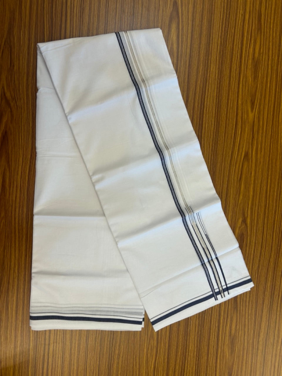 20% Discount ! Kaitharikada Balaramapuram 100% Cotton Pure White Double Mundu/Dothi - 100x80 - 0.25 inch Puliyilakkara Silver Kasav & Blue One Side Double Chutty Kara  3.90 mtr (8 muzham) - 10 KK5291 CKS