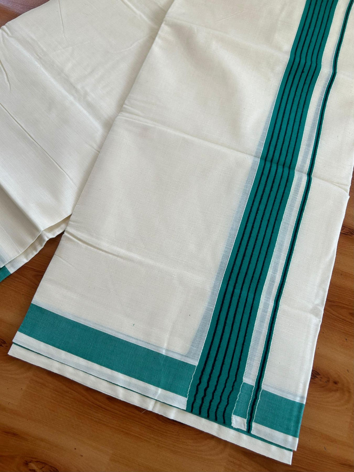 Double Off White (Unbleached) Mundu/Dhoti - 20% Discount! KaithariKada Pulimood 100% Cotton - 80x72 - 1.5 inch Teal Green & Black Striped Kara 4 mtr (8.5 muzham) - 16 KK5552 VIN