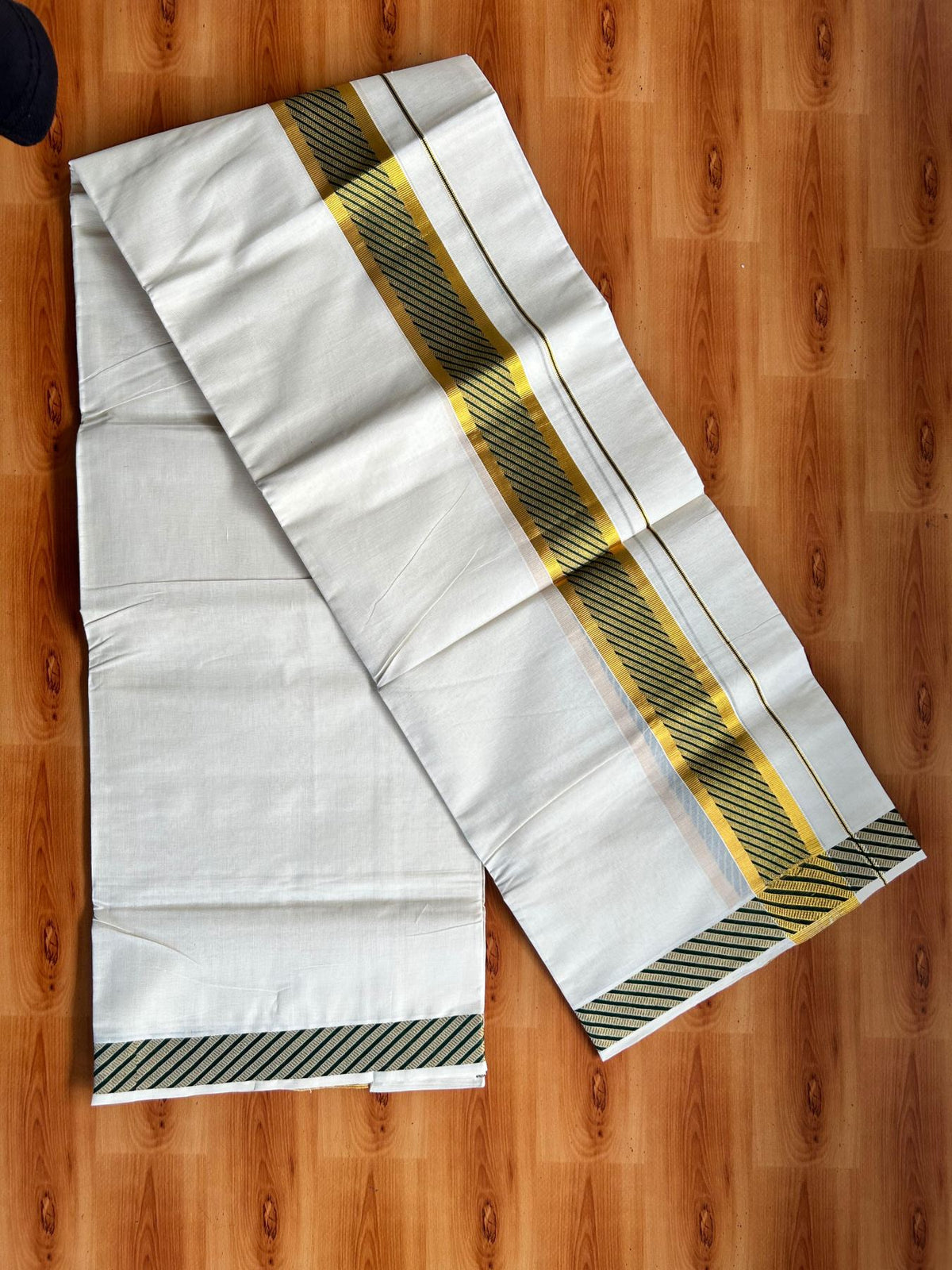 Off White (Unbleached) Double Mundu/Dhoti - 20% Discount ! KaithariKada Pure Cotton - 100x80 - 2 inch Gold Kasav & Dark Green Jacquard Design kara 4 mtr (8.5 Muzham) - 6 KK5483 PMC