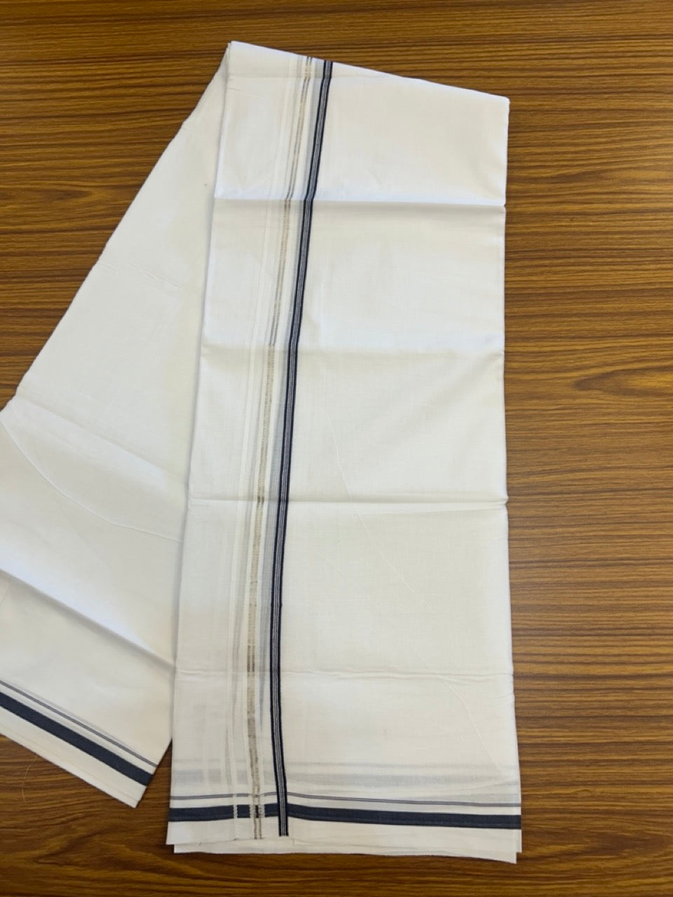 20% Discount ! Kaitharikada Balaramapuram 100% Cotton Pure White Double Mundu/Dothi - 100x80 - 0.25 inch Puliyilakkara Silver Kasav & Blue One Side Double Chutty Kara  3.90 mtr (8 muzham) - 10 KK5291 CKS