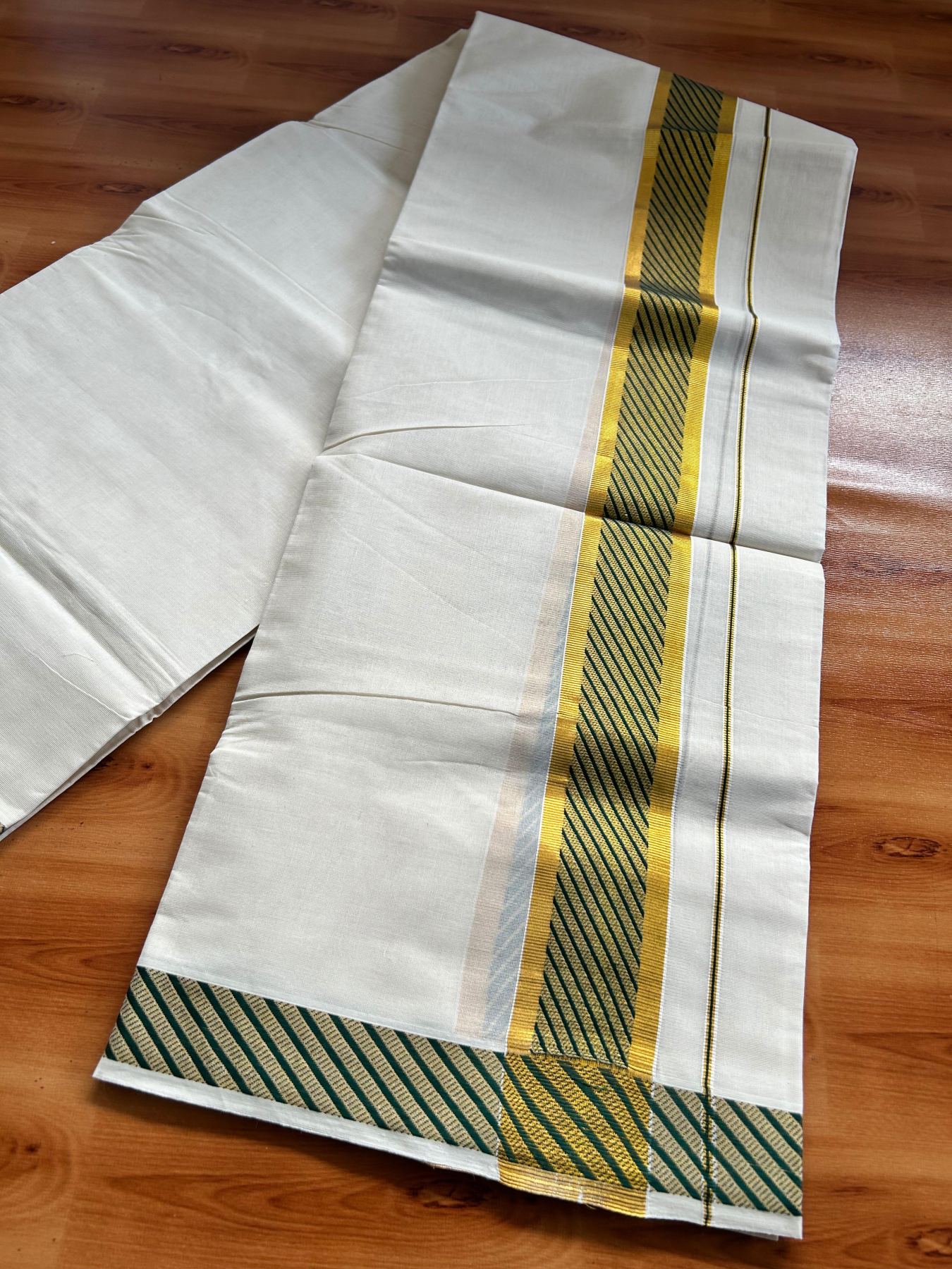Off White (Unbleached) Double Mundu/Dhoti - 20% Discount ! KaithariKada Pure Cotton - 100x80 - 2 inch Gold Kasav & Dark Green Jacquard Design kara 4 mtr (8.5 Muzham) - 6 KK5483 PMC