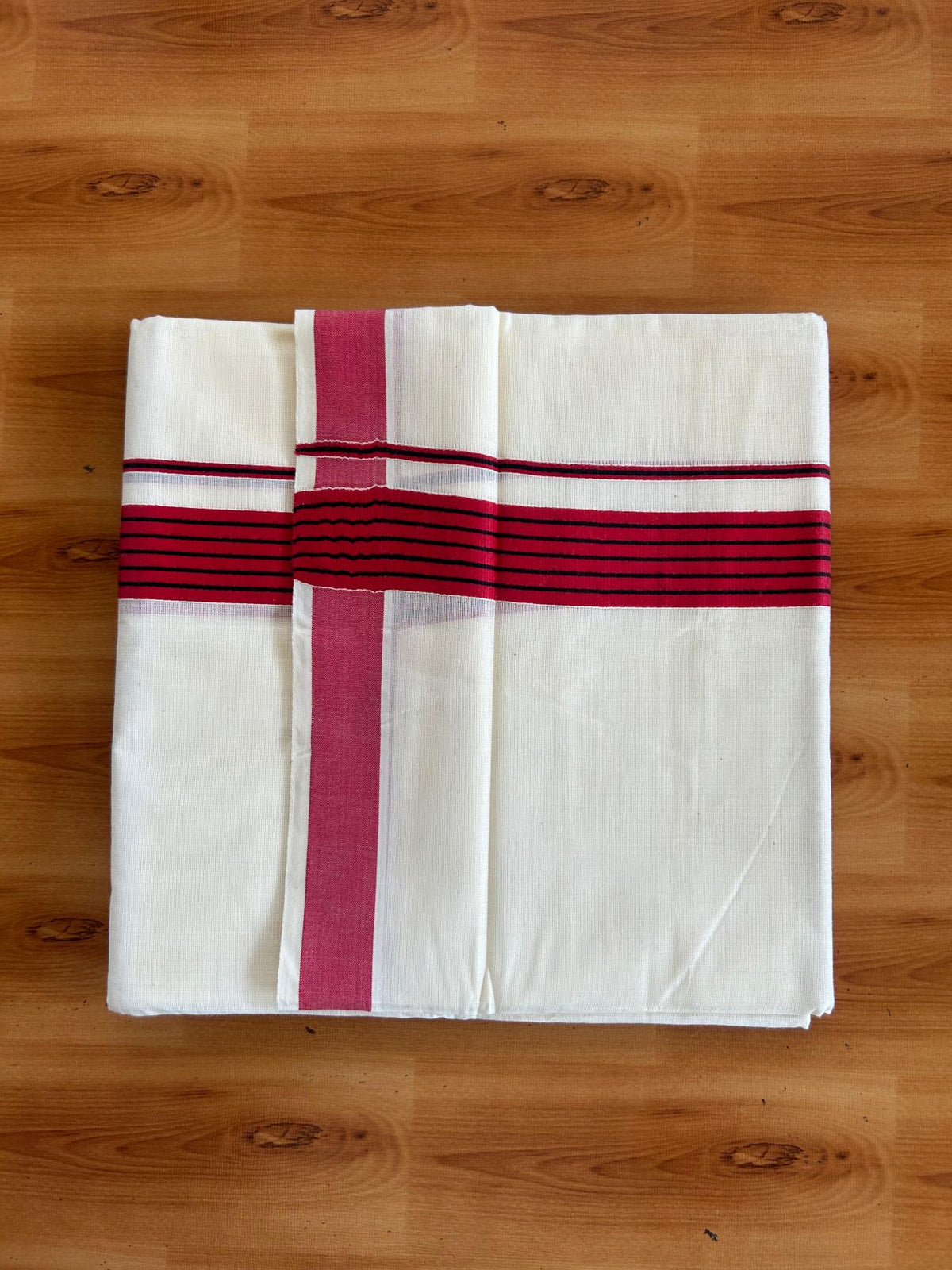 Double Off White (Unbleached) Mundu/Dhoti - 20% Discount! KaithariKada Pulimood 100% Cotton - 80x72 - 1.25 inch Dark Red & Black Striped Kara 4 mtr (8.5 muzham) - 17 KK5552 VIN