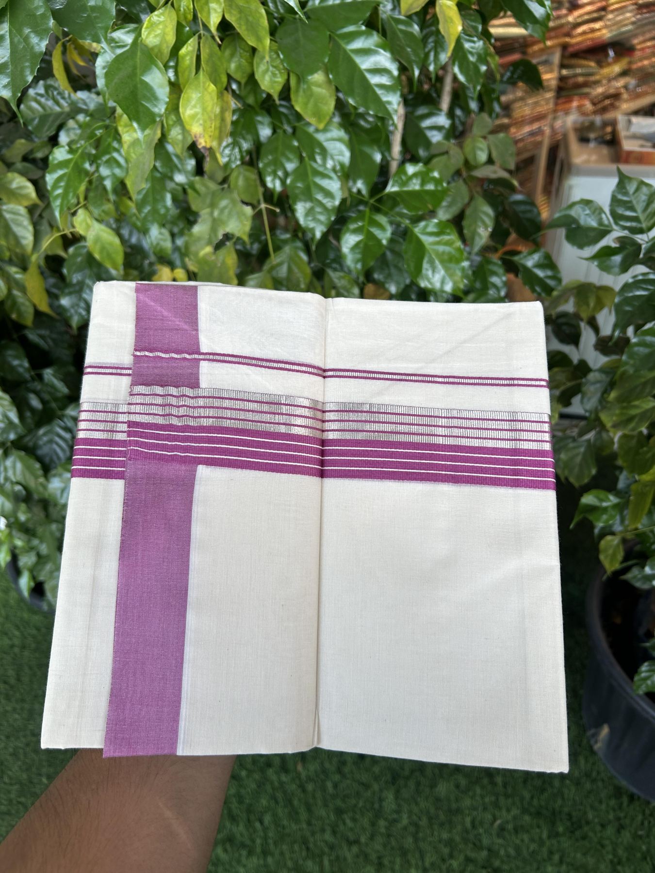 20% Discount! KaithariKada Balaramapuram 100% Cotton Off white Double Mundu/Dhoti - 80s - 1.5 inch Magenta & Silver Kasav Striped Kara - 4mtr (8.5muzham) - 6 KK5357 VAS