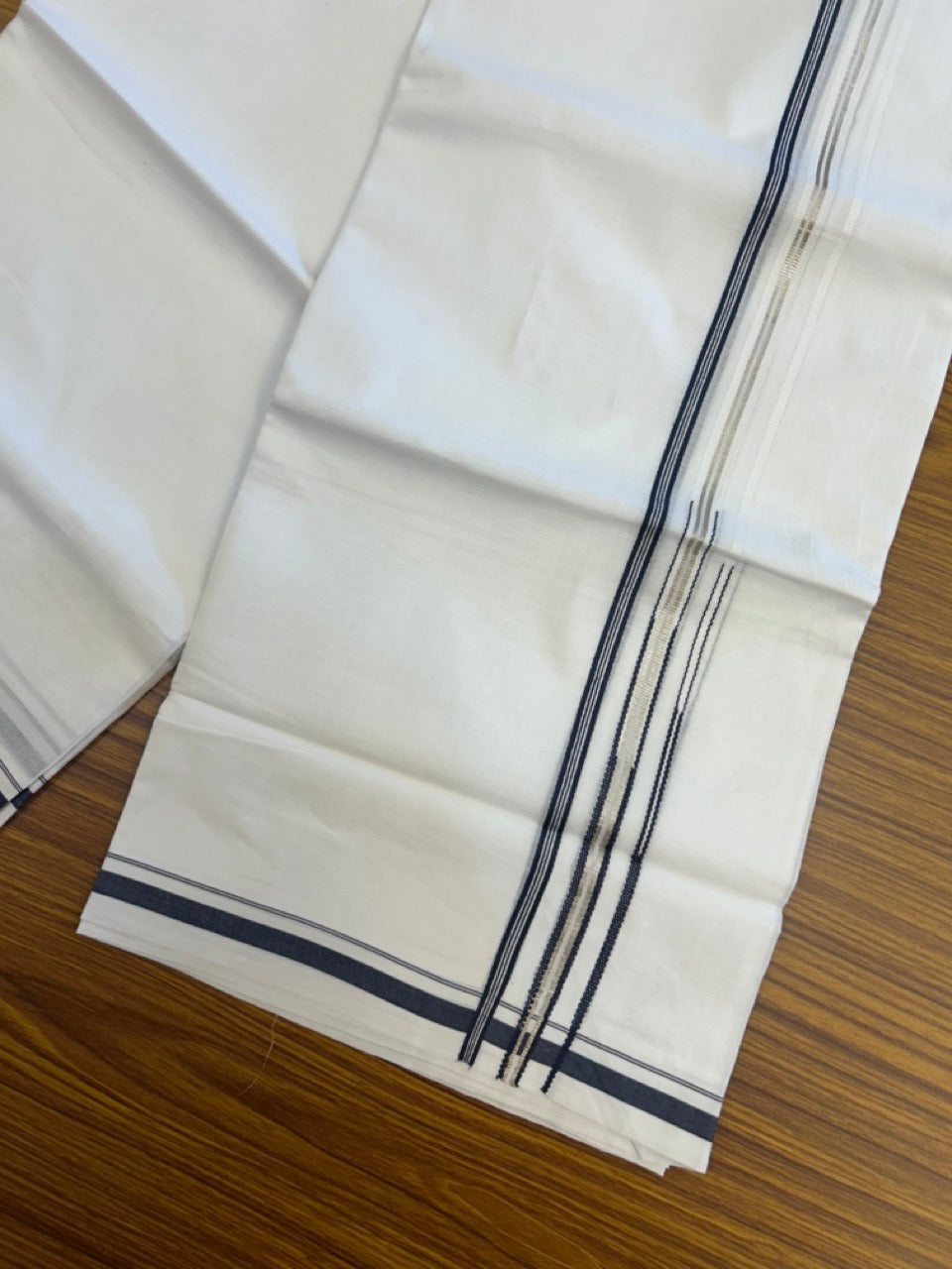 20% Discount ! Kaitharikada Balaramapuram 100% Cotton Pure White Double Mundu/Dothi - 100x80 - 0.25 inch Puliyilakkara Silver Kasav & Blue One Side Double Chutty Kara  3.90 mtr (8 muzham) - 10 KK5291 CKS
