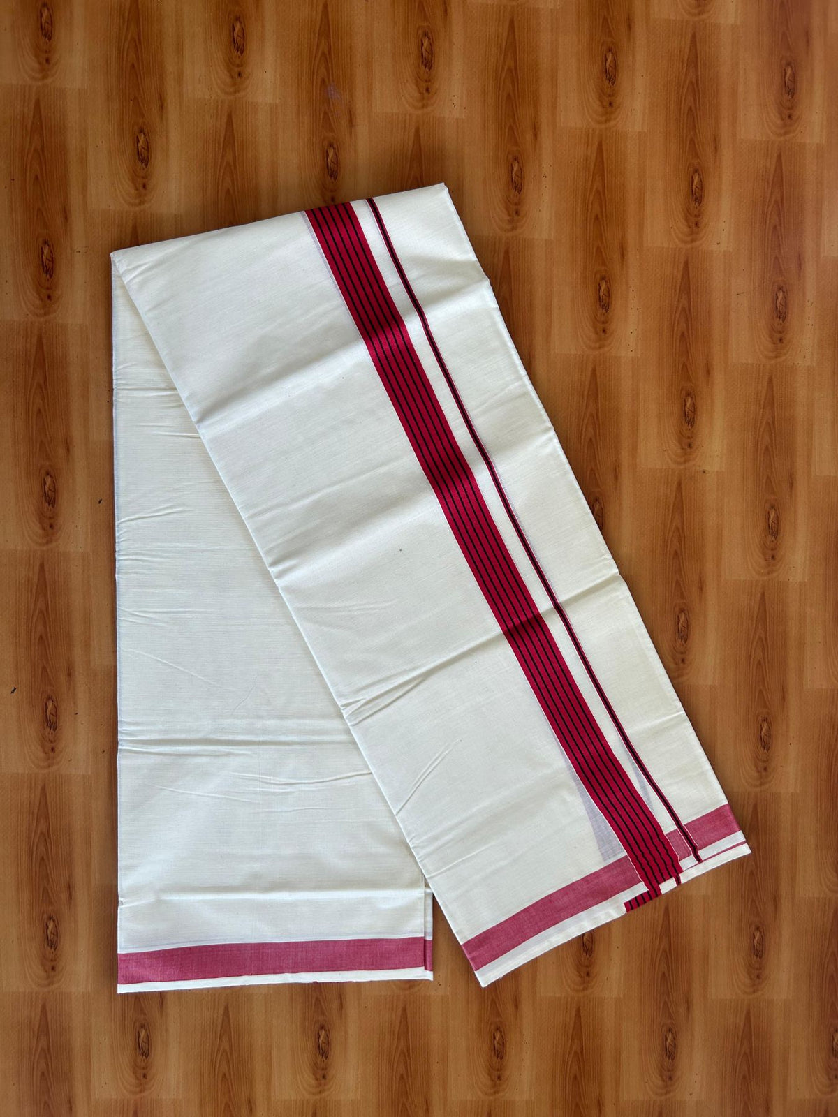 Double Off White (Unbleached) Mundu/Dhoti - 20% Discount! KaithariKada Pulimood 100% Cotton - 80x72 - 1.25 inch Dark Red & Black Striped Kara 4 mtr (8.5 muzham) - 17 KK5552 VIN