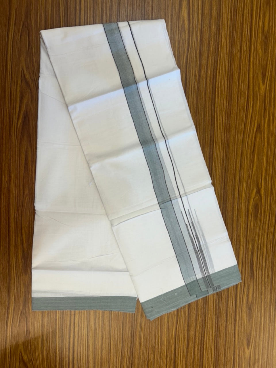 20% Discount! KaithariKada Balaramapuram 100% Cotton Double Pure white Mundu/Dhoti- 60s - 1.25 inch Brown striped Greyish Teal shaded chutty kara - 3.90mtr ( 8 muzham) - 11 KK5291 CKS