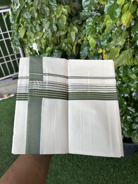 20% Discount! KaithariKada Balaramapuram 100% Cotton Off white Double Mundu/Dhoti - 80s - 1.5 inch Olive Green & Silver Kasav Striped Kara - 4mtr (8.5muzham) - 4 KK5357 VAS