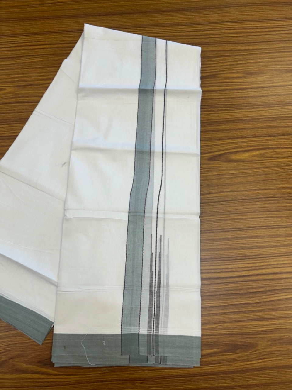 20% Discount! KaithariKada Balaramapuram 100% Cotton Double Pure white Mundu/Dhoti- 60s - 1.25 inch Brown striped Greyish Teal shaded chutty kara - 3.90mtr ( 8 muzham) - 11 KK5291 CKS
