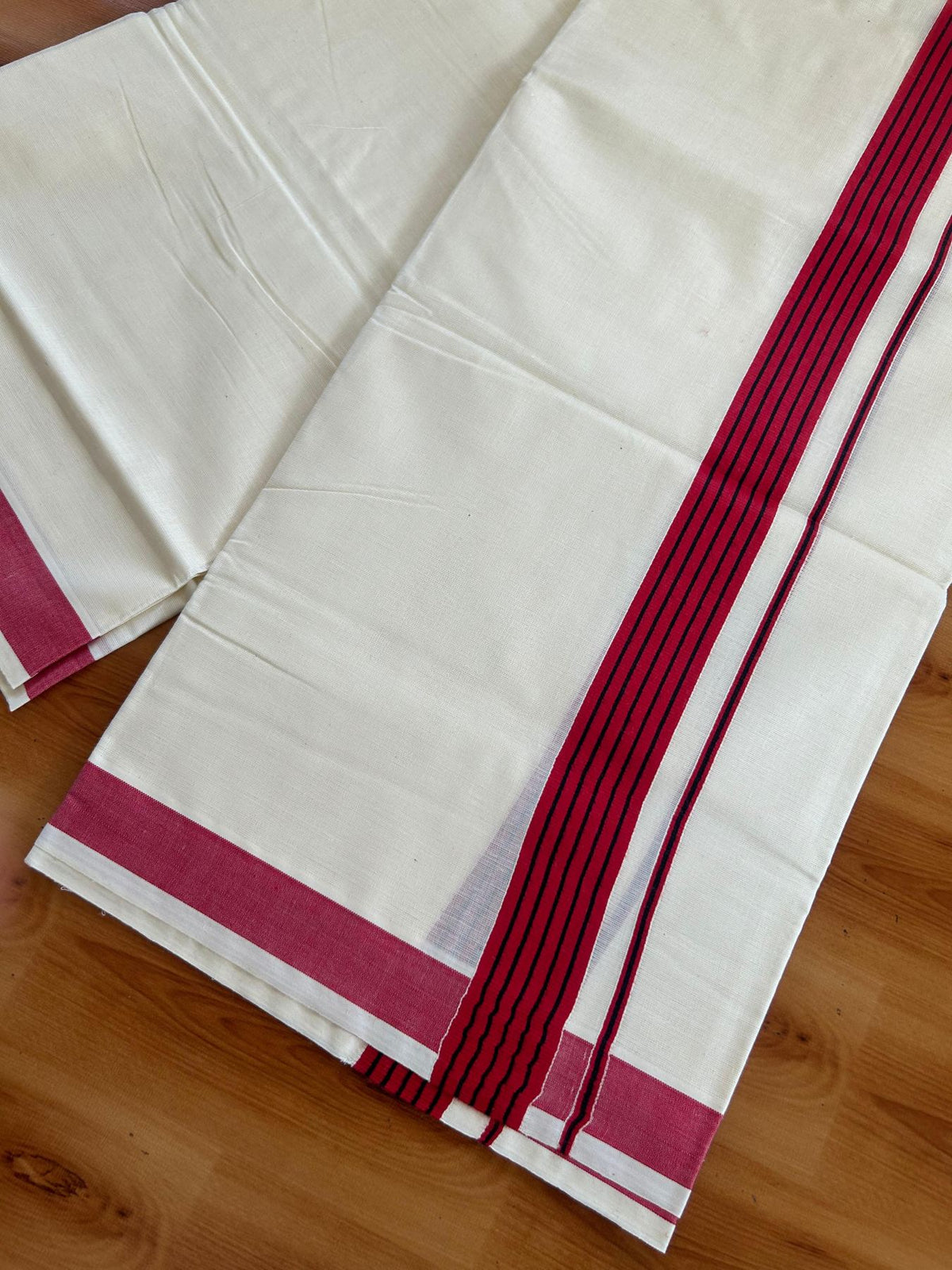 Double Off White (Unbleached) Mundu/Dhoti - 20% Discount! KaithariKada Pulimood 100% Cotton - 80x72 - 1.25 inch Dark Red & Black Striped Kara 4 mtr (8.5 muzham) - 17 KK5552 VIN