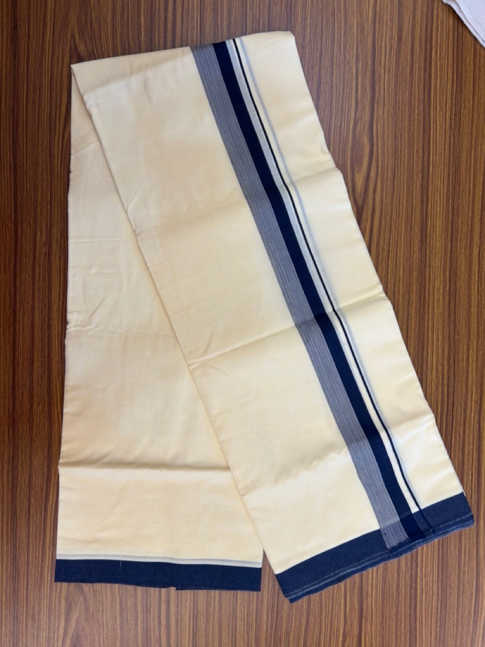 Kannur Yellow Dhoti - 31% Discount! KaithariKada Balaramapuram  Double Mundu/Dhoti - 80x60 - 50% Cotton & 50% Polyester - Kannur Yellow colour Body Navy Blue striped Kara - 4 mtr - 12 KK5276 VAS