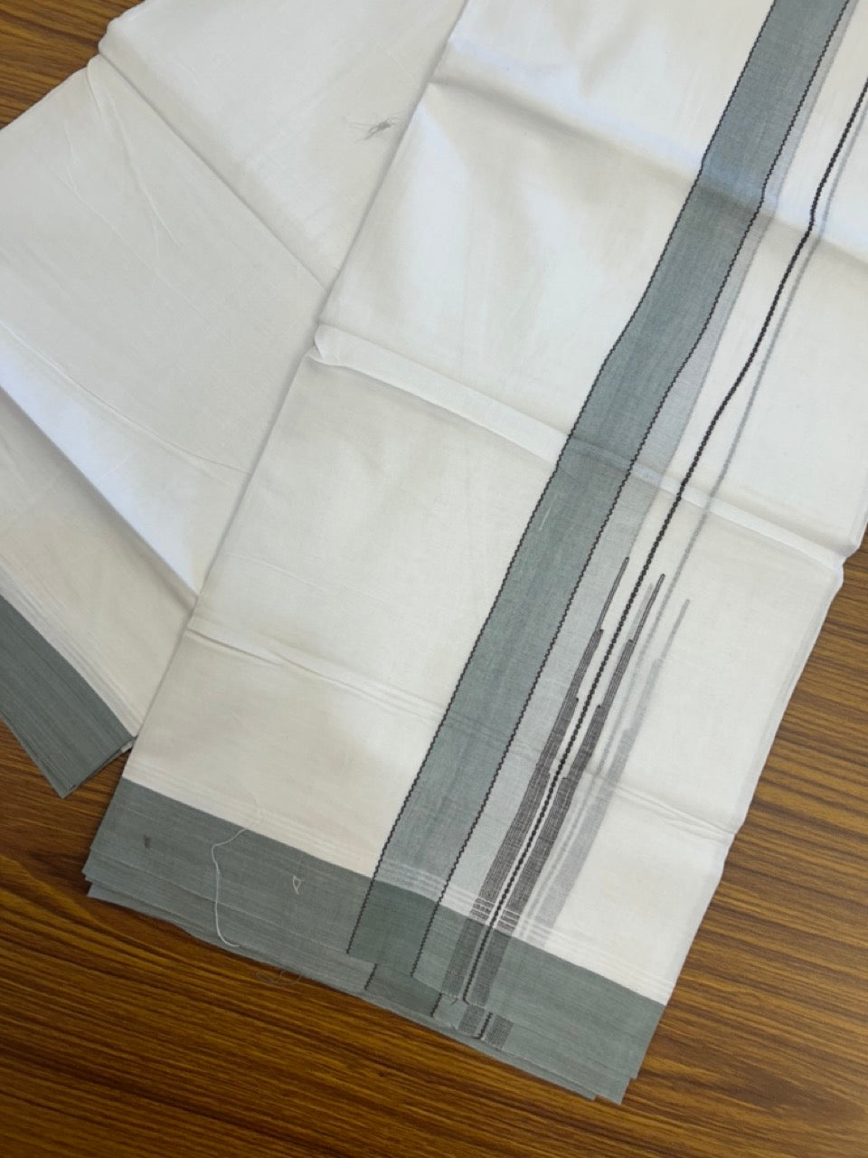 20% Discount! KaithariKada Balaramapuram 100% Cotton Double Pure white Mundu/Dhoti- 60s - 1.25 inch Brown striped Greyish Teal shaded chutty kara - 3.90mtr ( 8 muzham) - 11 KK5291 CKS