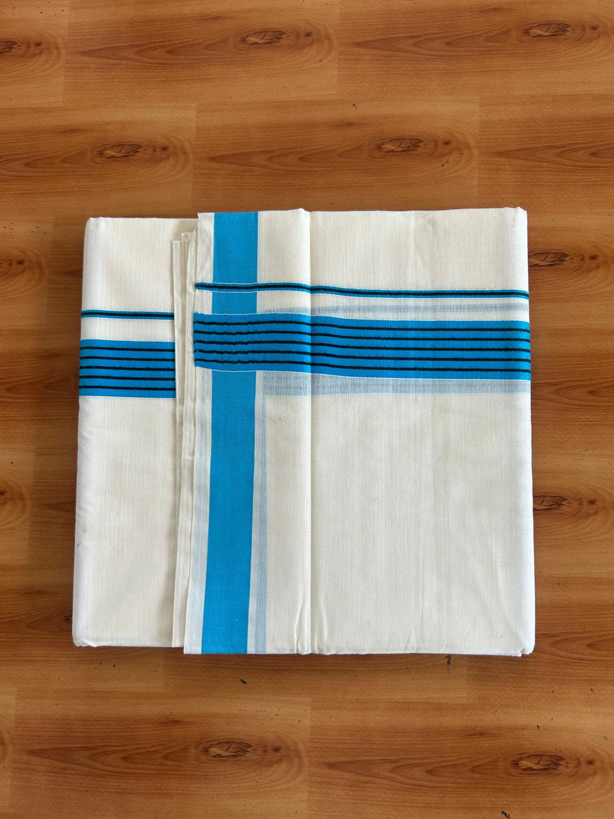 Double Off White (Unbleached) Mundu/Dhoti - 20% Discount! KaithariKada Pulimood 100% Cotton - 80x72 - 1.25 inch Blue & Black Striped Kara 4 mtr (8.5 muzham) - 18 KK5552 VIN