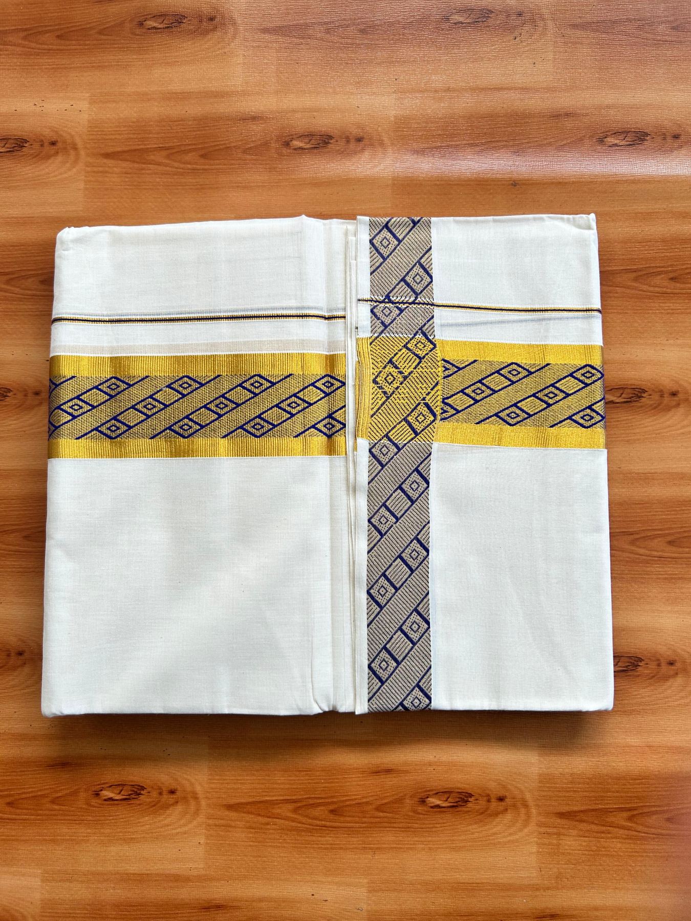 Off White (Unbleached) Double Mundu/Dhoti - 20% Discount ! KaithariKada Pure Cotton - 100x80 - 2 inch Gold Kasav & Blue Jacquard Design kara 4 mtr (8.5 Muzham) - 3 KK5483 PMC