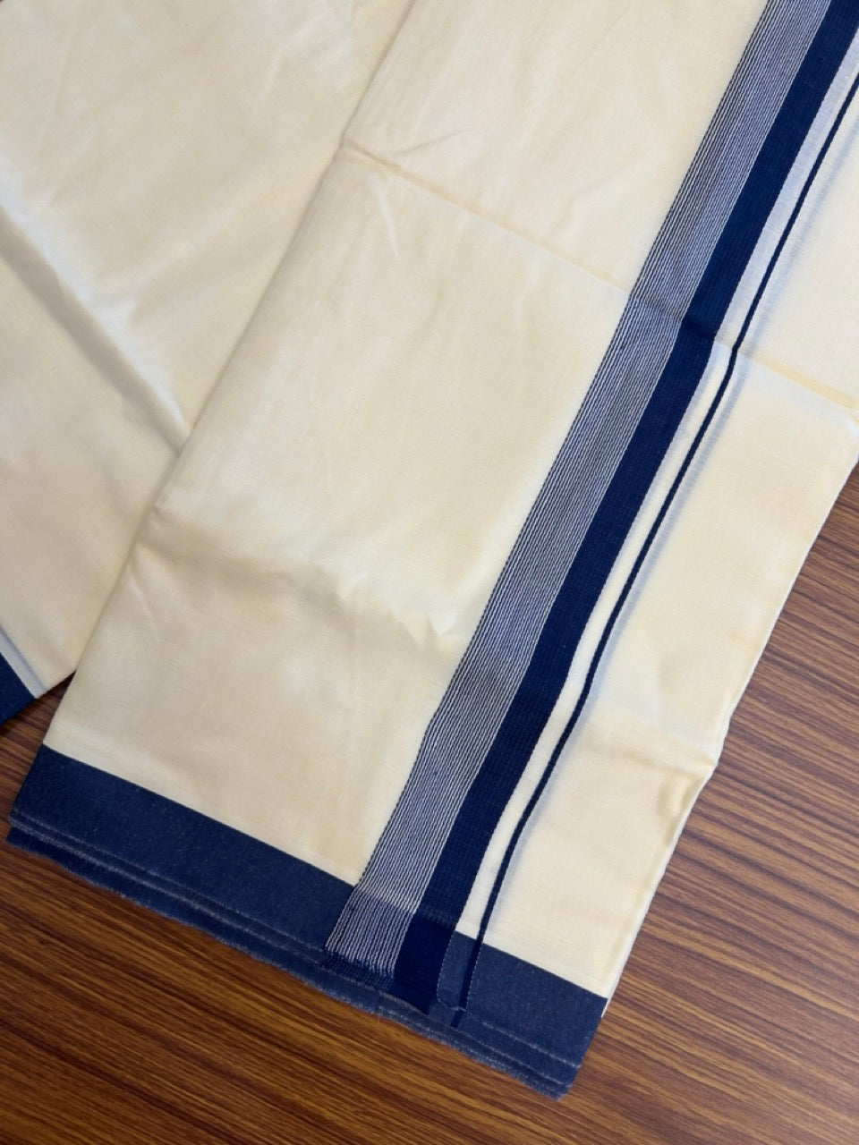 Kannur Yellow Dhoti - 31% Discount! KaithariKada Balaramapuram  Double Mundu/Dhoti - 80x60 - 50% Cotton & 50% Polyester - Kannur Yellow colour Body Navy Blue striped Kara - 4 mtr - 12 KK5276 VAS