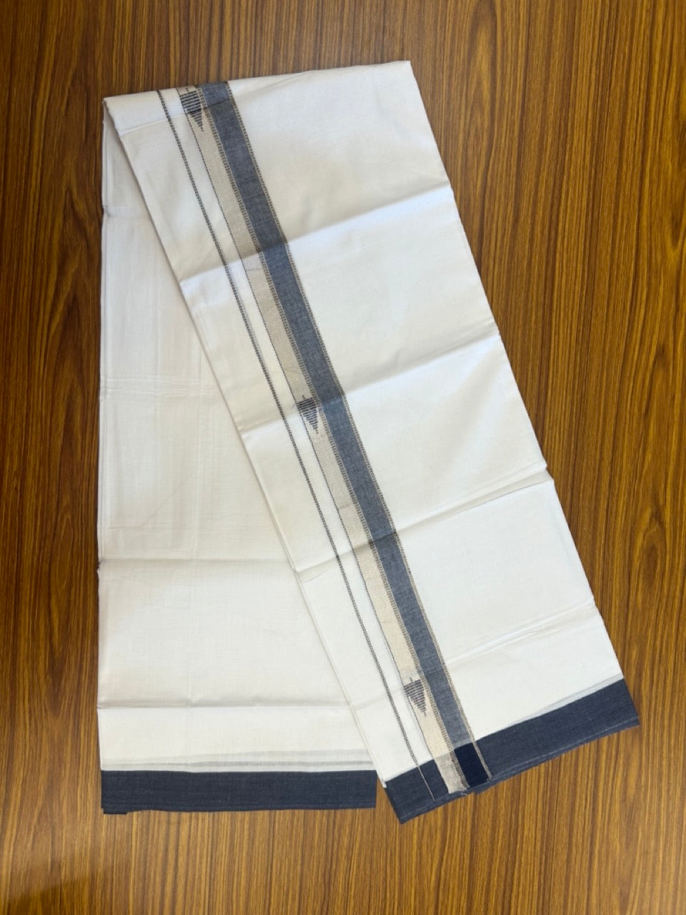 20% Discount ! Kaitharikada Balaramapuram 100% Cotton Pure White Double Mundu/Dothi - 100x80 - 1.5 inch Blue & Silver Kasav Design Kara 3.90 mtr (8 muzham) - 12 KK5291 VAS