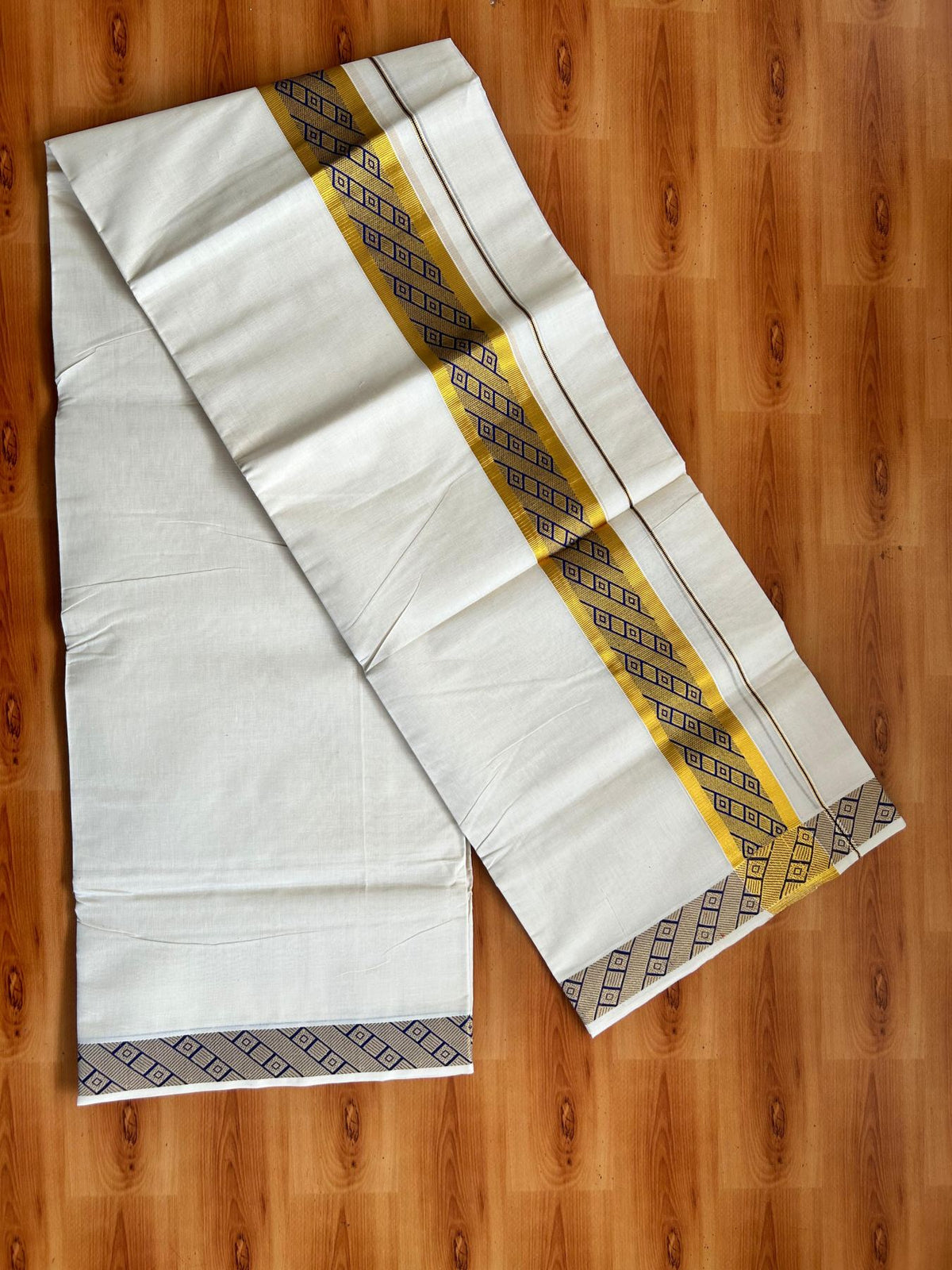 Off White (Unbleached) Double Mundu/Dhoti - 20% Discount ! KaithariKada Pure Cotton - 100x80 - 2 inch Gold Kasav & Blue Jacquard Design kara 4 mtr (8.5 Muzham) - 3 KK5483 PMC