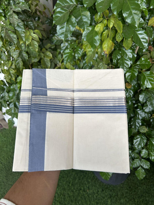 20% Discount! KaithariKada Balaramapuram 100% Cotton Off white Double Mundu/Dhoti - 80s - 1.5 inch Blue Grey & Silver Kasav Striped Kara - 4mtr (8.5muzham) - 1 KK5357 VAS