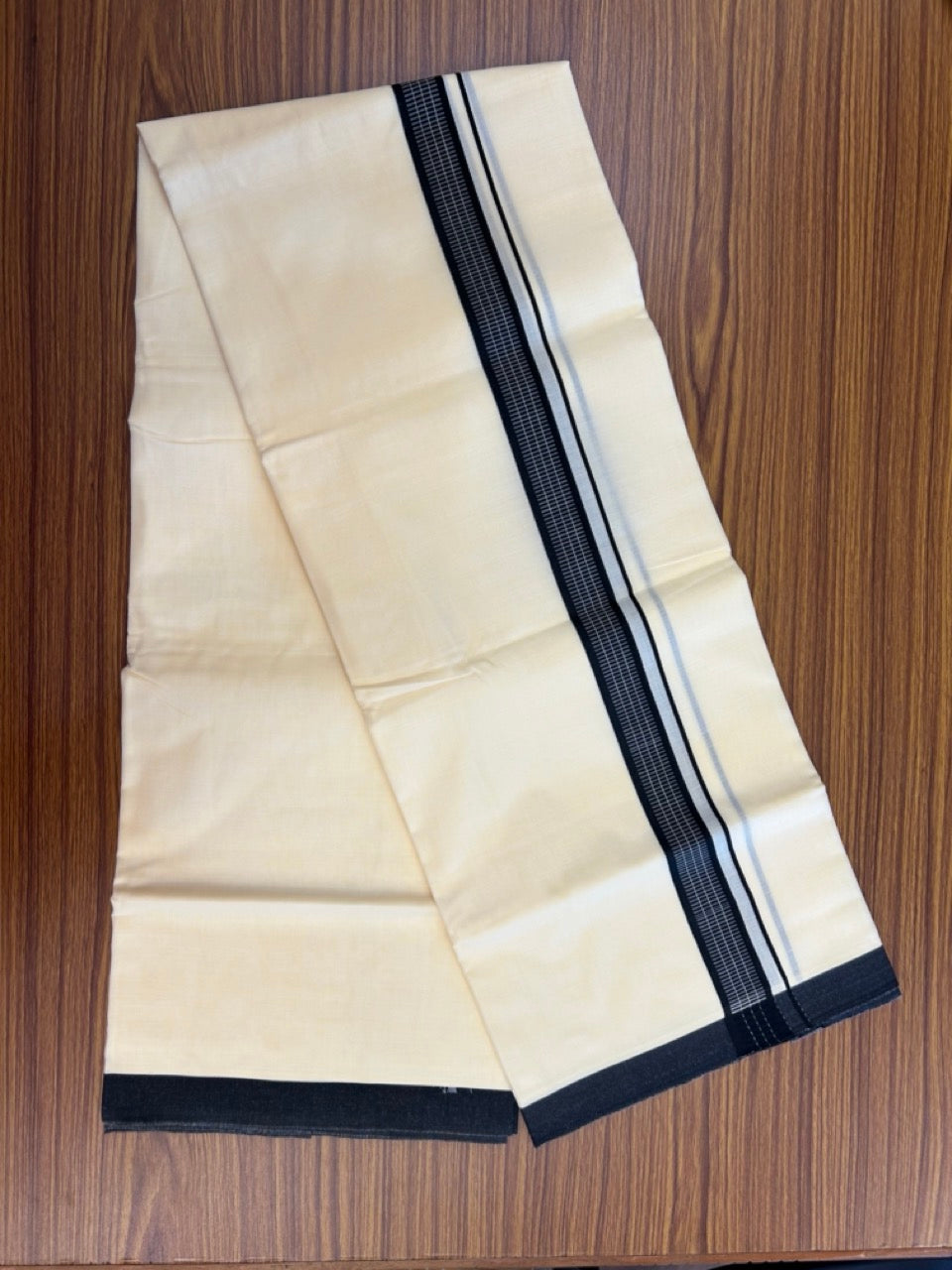 Kannur Yellow Dhoti - 31% Discount! KaithariKada Balaramapuram  Double Mundu/Dhoti - 80x60 - 50% Cotton & 50% Polyester - Kannur Yellow colour Body Black pattern Kara - 4 mtr - 9 KK5276 VAS