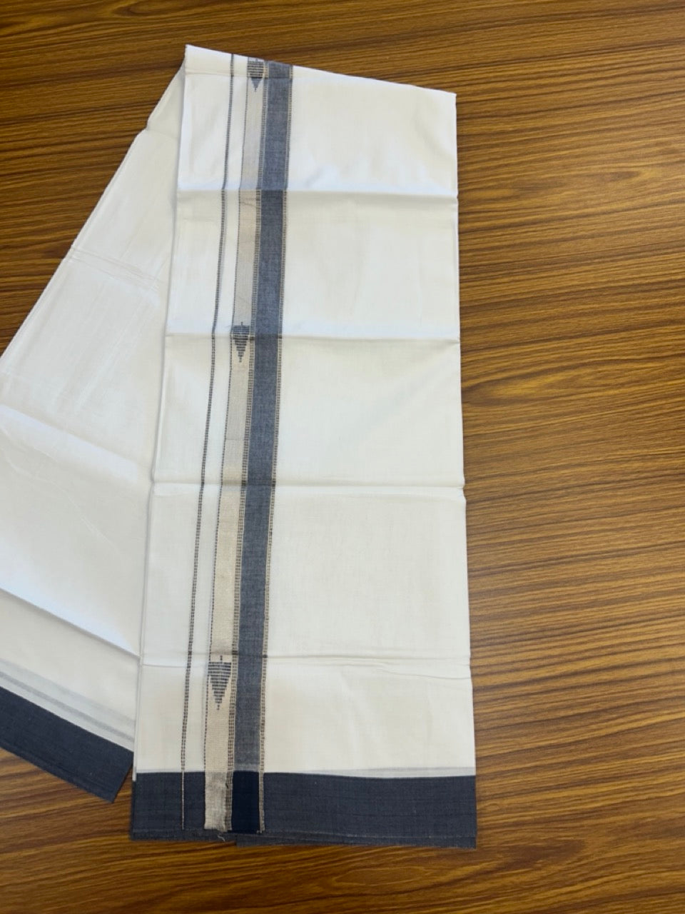 20% Discount ! Kaitharikada Balaramapuram 100% Cotton Pure White Double Mundu/Dothi - 100x80 - 1.5 inch Blue & Silver Kasav Design Kara 3.90 mtr (8 muzham) - 12 KK5291 VAS
