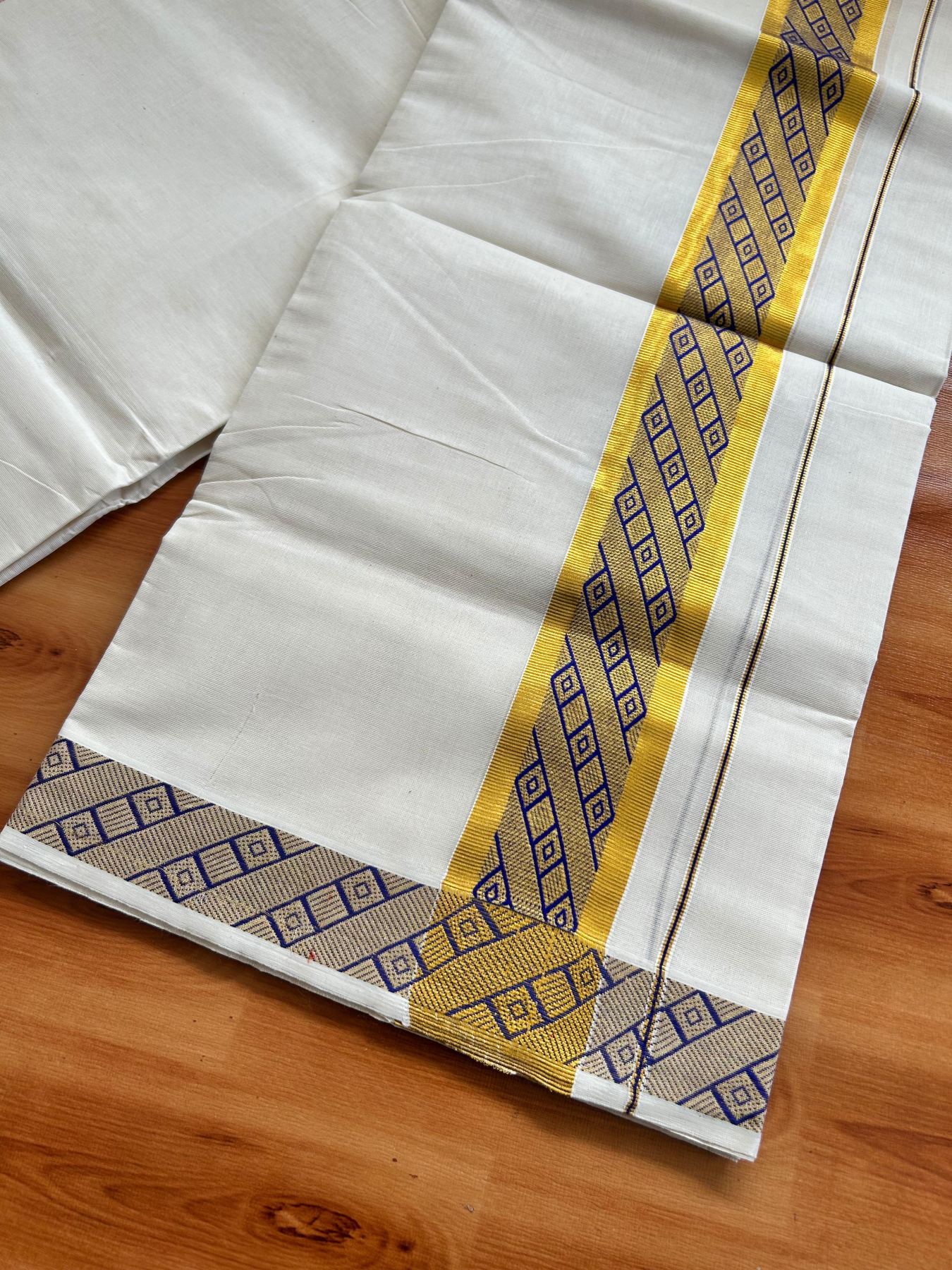 Off White (Unbleached) Double Mundu/Dhoti - 20% Discount ! KaithariKada Pure Cotton - 100x80 - 2 inch Gold Kasav & Blue Jacquard Design kara 4 mtr (8.5 Muzham) - 3 KK5483 PMC