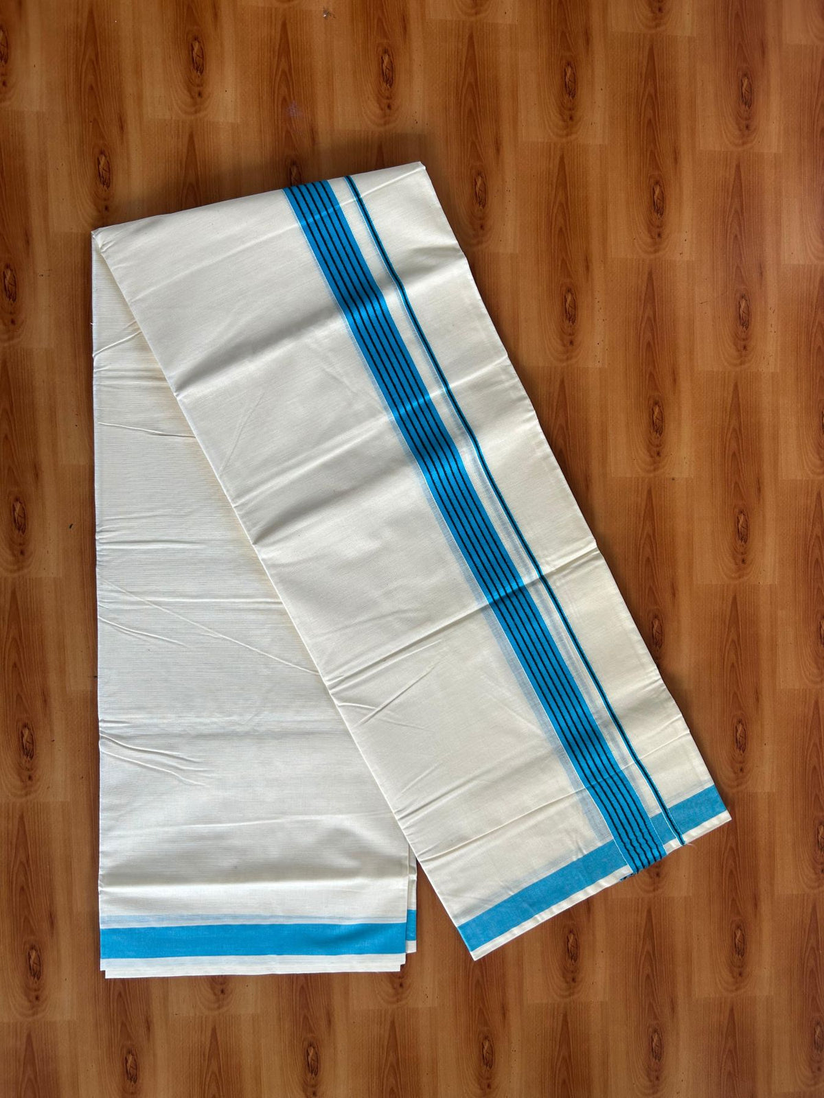 Double Off White (Unbleached) Mundu/Dhoti - 20% Discount! KaithariKada Pulimood 100% Cotton - 80x72 - 1.25 inch Blue & Black Striped Kara 4 mtr (8.5 muzham) - 18 KK5552 VIN