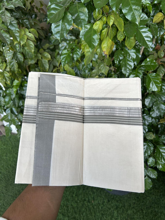 20% Discount! KaithariKada Balaramapuram 100% Cotton Off white Double Mundu/Dhoti - 80s - 1.5 inch Ash Grey & Silver Kasav Striped Kara - 4mtr (8.5muzham) - 11 KK5357 VAS