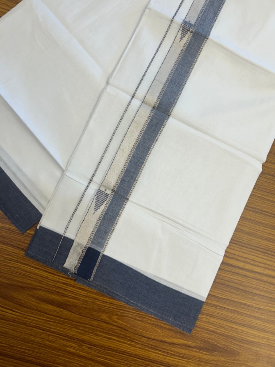 20% Discount ! Kaitharikada Balaramapuram 100% Cotton Pure White Double Mundu/Dothi - 100x80 - 1.5 inch Blue & Silver Kasav Design Kara 3.90 mtr (8 muzham) - 12 KK5291 VAS