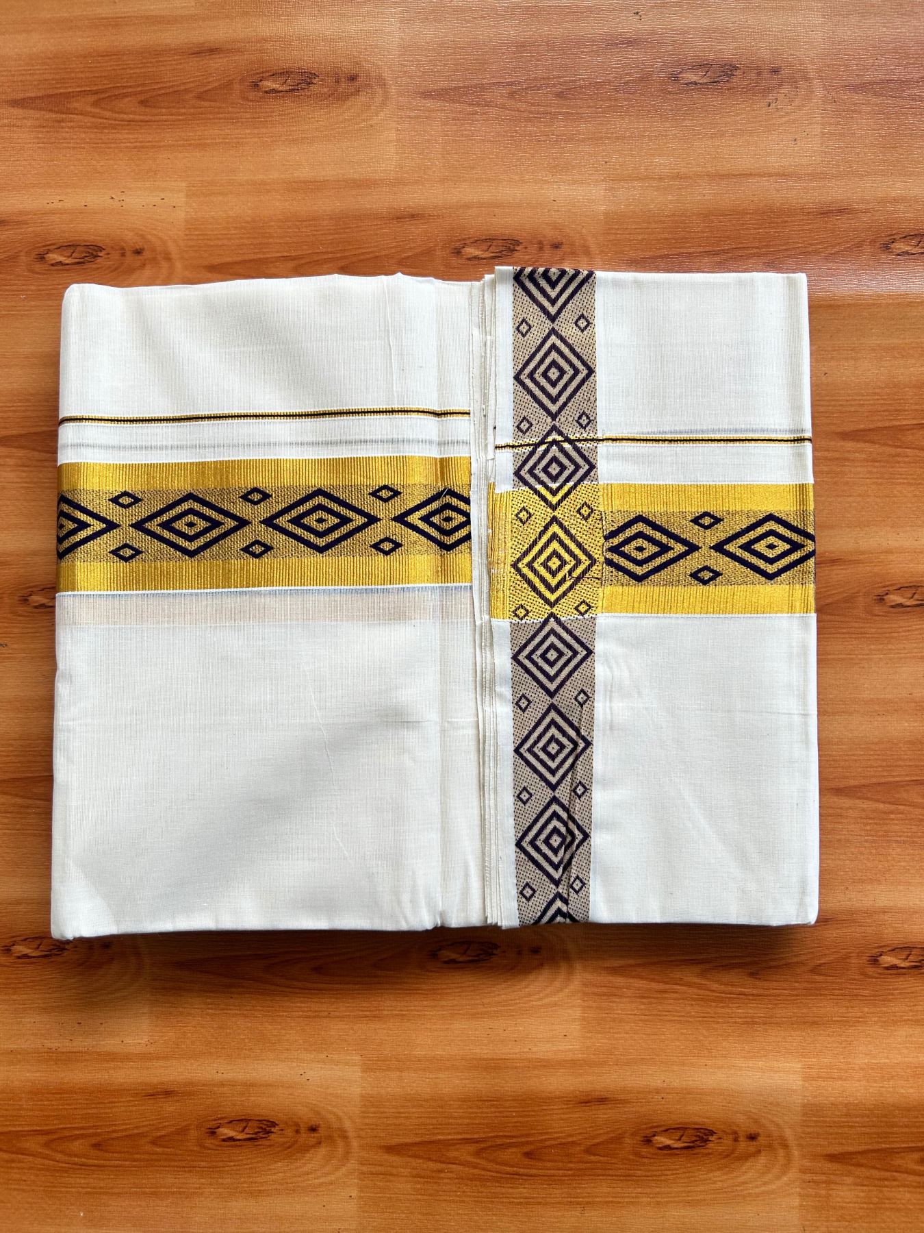 Off White (Unbleached) Double Mundu/Dhoti - 20% Discount ! KaithariKada Pure Cotton - 100x80 - 2 inch Gold Kasav & Wine Purple Jacquard Design kara 4 mtr (8.5 Muzham) - 2 KK5483 PMC