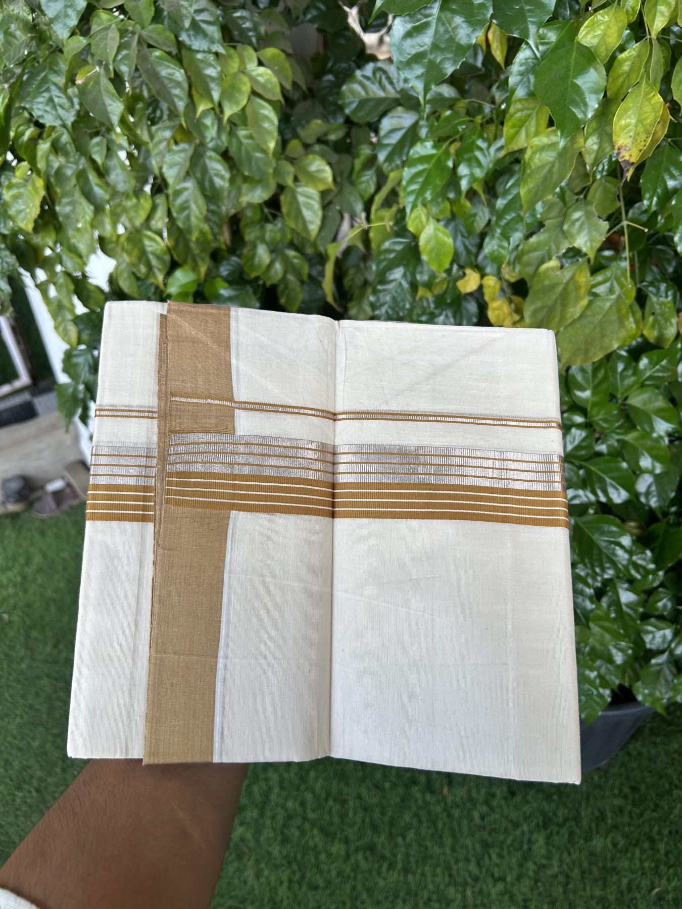 20% Discount! KaithariKada Balaramapuram 100% Cotton Off white Double Mundu/Dhoti - 80s - 1.5 inch Mustard Brown & Silver Kasav Striped Kara - 4mtr (8.5muzham) - 10 KK5357 VAS