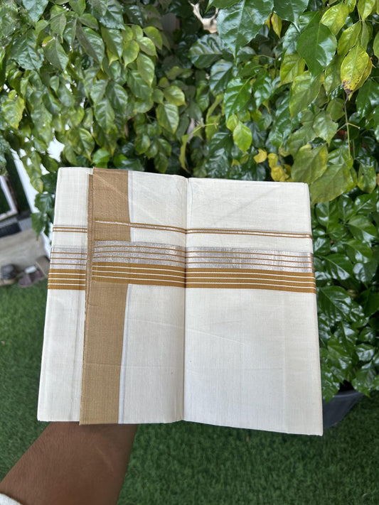 20% Discount! KaithariKada Balaramapuram 100% Cotton Off white Double Mundu/Dhoti - 80s - 1.5 inch Mustard Brown & Silver Kasav Striped Kara - 4mtr (8.5muzham) - 10 KK5357 VAS
