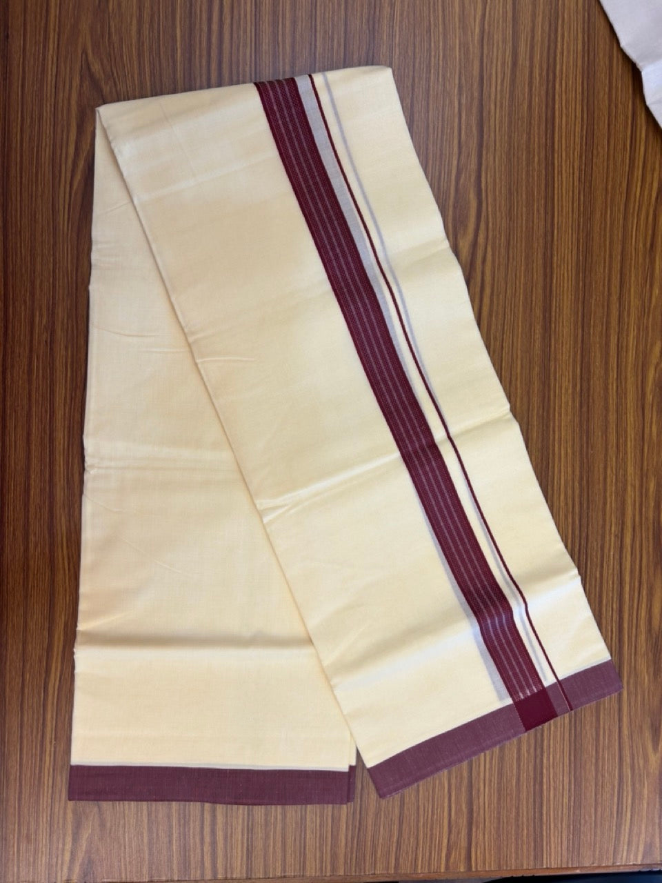 Kannur Yellow Dhoti - 31% Discount! KaithariKada Balaramapuram  Double Mundu/Dhoti - 80x60 - 50% Cotton & 50% Polyester - Kannur Yellow colour Body Maroon pattern Kara - 4 mtr - 10 KK5276 VAS