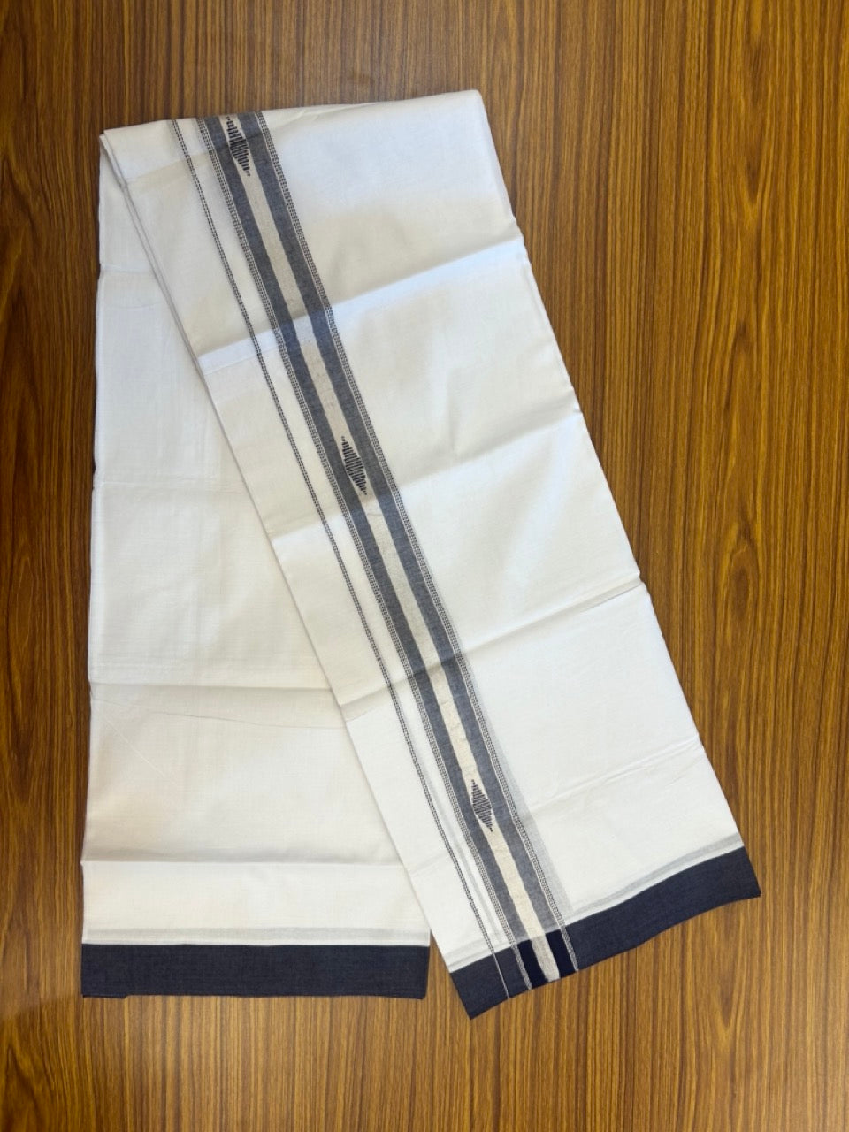 20% Discount ! Kaitharikada Balaramapuram 100% Cotton Pure White Double Mundu/Dothi - 100x80 - 1.5 inch Blue & Silver Kasav Design Kara 3.90 mtr (8 muzham) - 13 KK5291 VAS