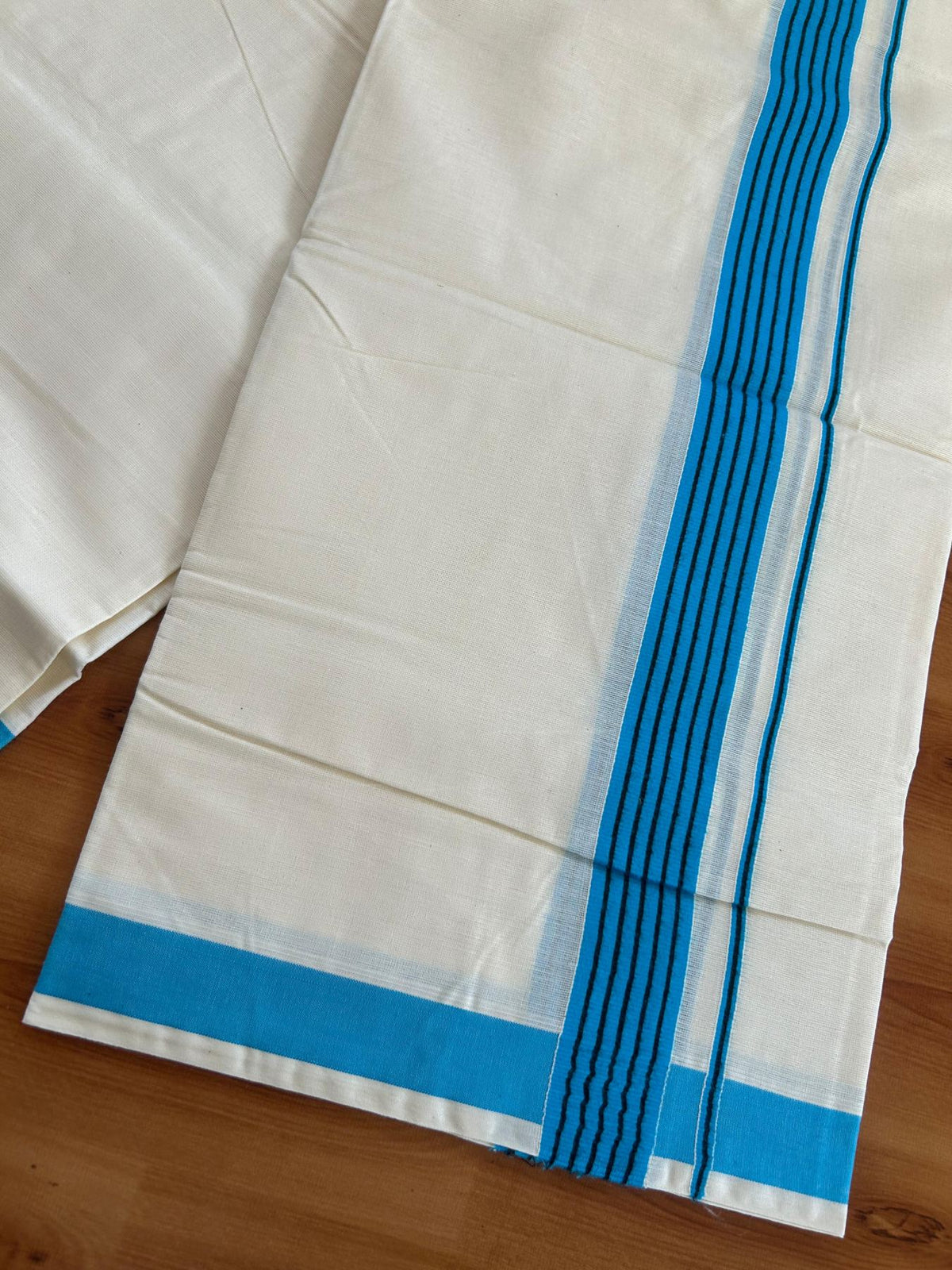 Double Off White (Unbleached) Mundu/Dhoti - 20% Discount! KaithariKada Pulimood 100% Cotton - 80x72 - 1.25 inch Blue & Black Striped Kara 4 mtr (8.5 muzham) - 18 KK5552 VIN