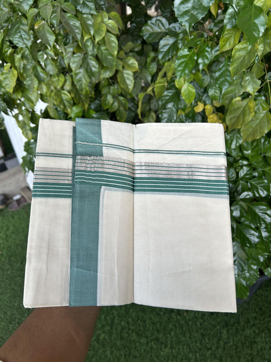 20% Discount! KaithariKada Balaramapuram 100% Cotton Off white Double Mundu/Dhoti - 80s - 1.5 inch Teal & Silver Kasav Striped Kara - 4mtr (8.5muzham) - 9 KK5357 VAS