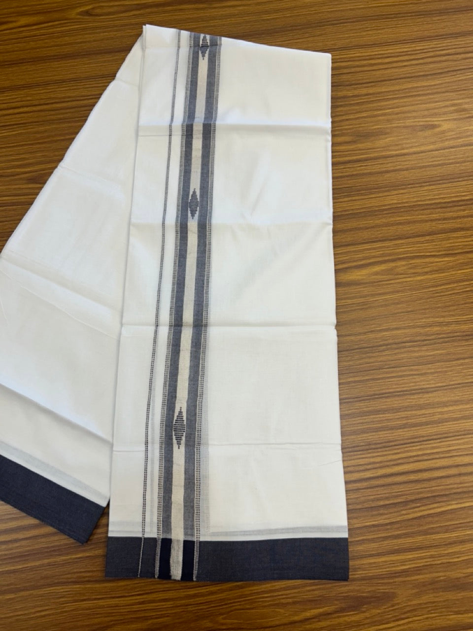 20% Discount ! Kaitharikada Balaramapuram 100% Cotton Pure White Double Mundu/Dothi - 100x80 - 1.5 inch Blue & Silver Kasav Design Kara 3.90 mtr (8 muzham) - 13 KK5291 VAS