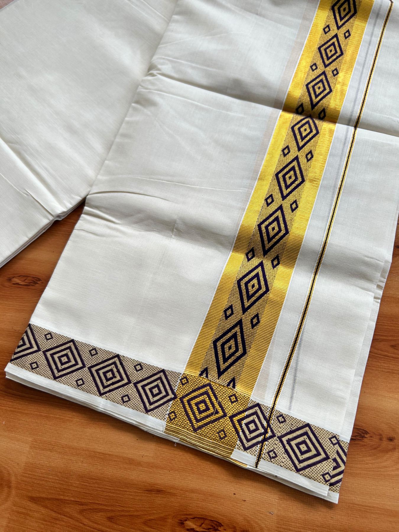 Off White (Unbleached) Double Mundu/Dhoti - 20% Discount ! KaithariKada Pure Cotton - 100x80 - 2 inch Gold Kasav & Wine Purple Jacquard Design kara 4 mtr (8.5 Muzham) - 2 KK5483 PMC