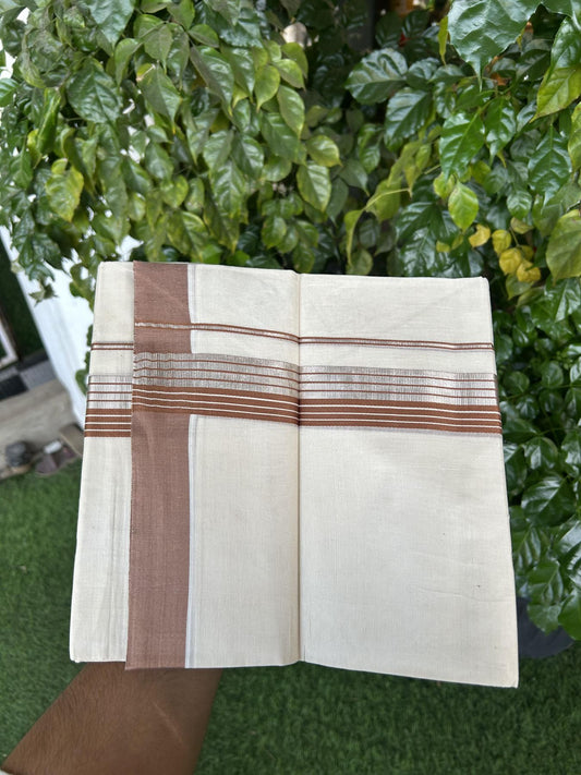 20% Discount! KaithariKada Balaramapuram 100% Cotton Off white Double Mundu/Dhoti - 80s - 1.5 inch Brown & Silver Kasav Striped Kara - 4mtr (8.5muzham) - 8 KK5357 VAS