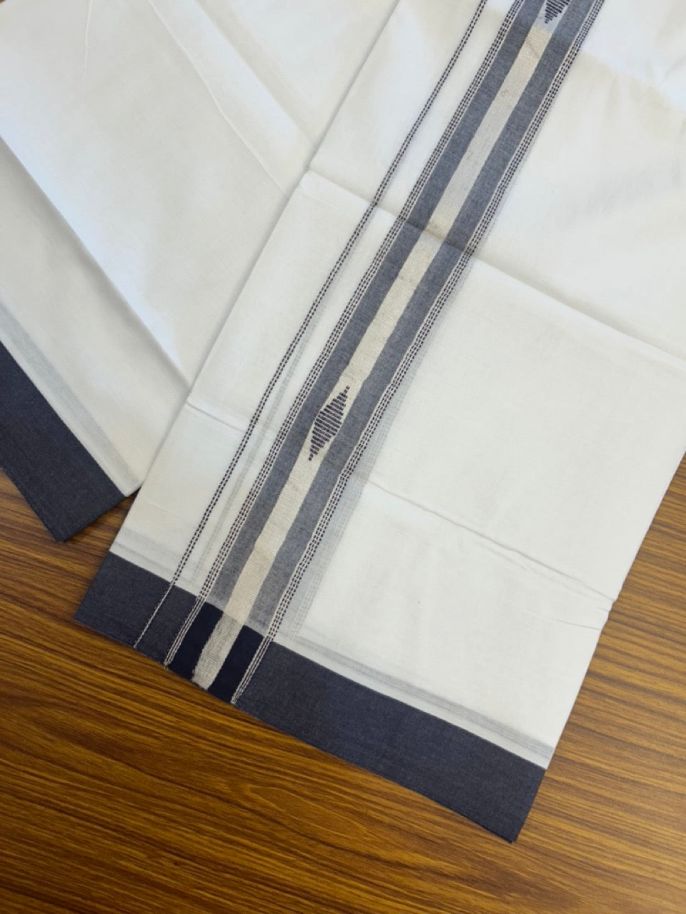 20% Discount ! Kaitharikada Balaramapuram 100% Cotton Pure White Double Mundu/Dothi - 100x80 - 1.5 inch Blue & Silver Kasav Design Kara 3.90 mtr (8 muzham) - 13 KK5291 VAS