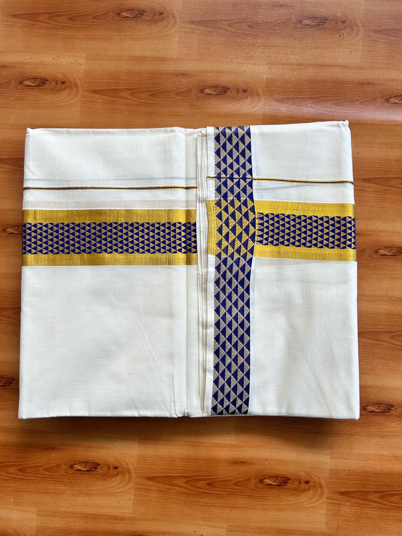 Off White (Unbleached) Double Mundu/Dhoti - 20% Discount ! KaithariKada Pure Cotton - 100x80 - 2 inch Gold Kasav & Dark Blue Jacquard Design kara 4 mtr (8.5 Muzham) - 1 KK5483 PMC