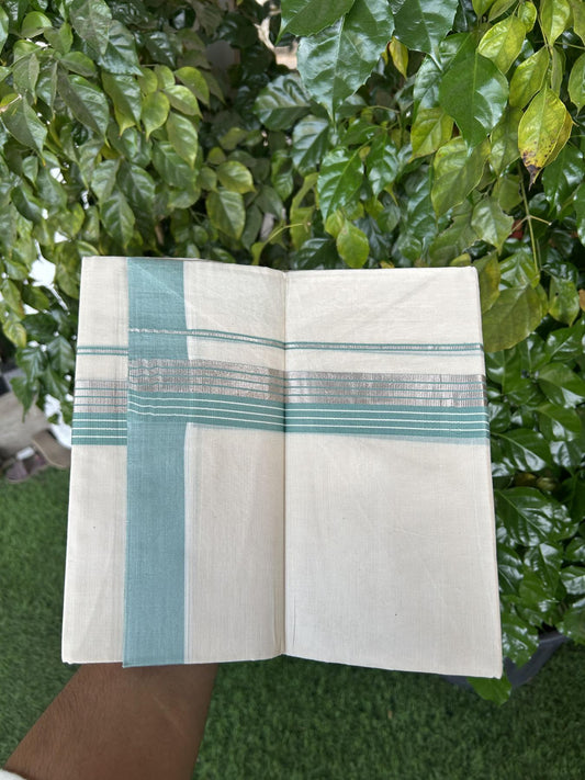 20% Discount! KaithariKada Balaramapuram 100% Cotton Off white Double Mundu/Dhoti - 80s - 1.5 inch Pale Teal & Silver Kasav Striped Kara - 4mtr (8.5muzham) - 7 KK5357 VAS
