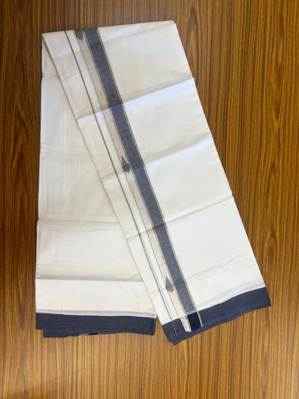 20% Discount ! Kaitharikada Balaramapuram 100% Cotton Pure White Double Mundu/Dothi - 100x80 - 1.5 inch Blue & Silver Kasav Design Kara 3.90 mtr (8 muzham) - 14 KK5291 VAS