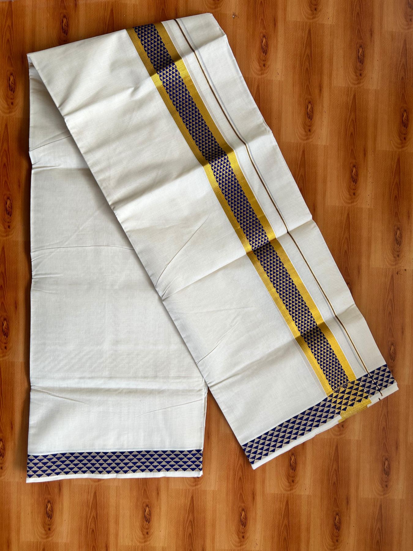 Off White (Unbleached) Double Mundu/Dhoti - 20% Discount ! KaithariKada Pure Cotton - 100x80 - 2 inch Gold Kasav & Dark Blue Jacquard Design kara 4 mtr (8.5 Muzham) - 1 KK5483 PMC