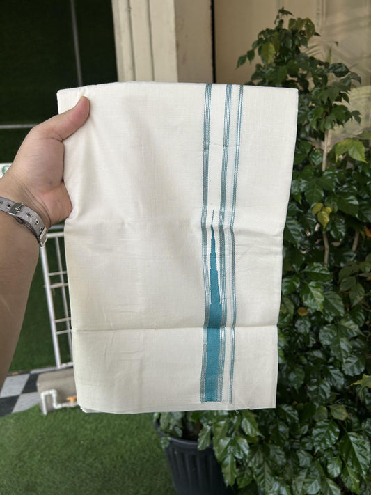 20% Discount!! KaithariKada Balaramapuram Pure Cotton Double Off White - (Unbleached) - Mundu/Dhoti - 100x80 - 1 inch Puliyilakkara Silver Kasav & Turquoise Blue Stripes One Side Chutty Kara 4 mtr (8.5 muzham) - 36 KK5357 VAS