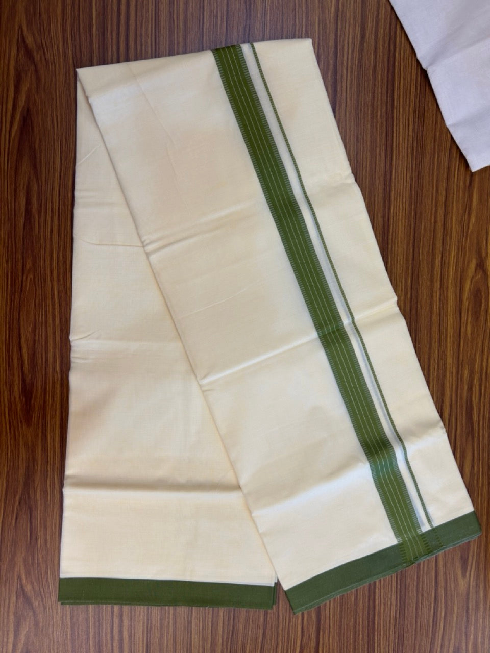 Kannur Yellow Dhoti - 31% Discount! KaithariKada Balaramapuram  Double Mundu/Dhoti - 80x60 - 50% Cotton & 50% Polyester - Kannur Yellow colour Body Dark Moss Green striped Kara - 4 mtr - 2 KK5276 VAS