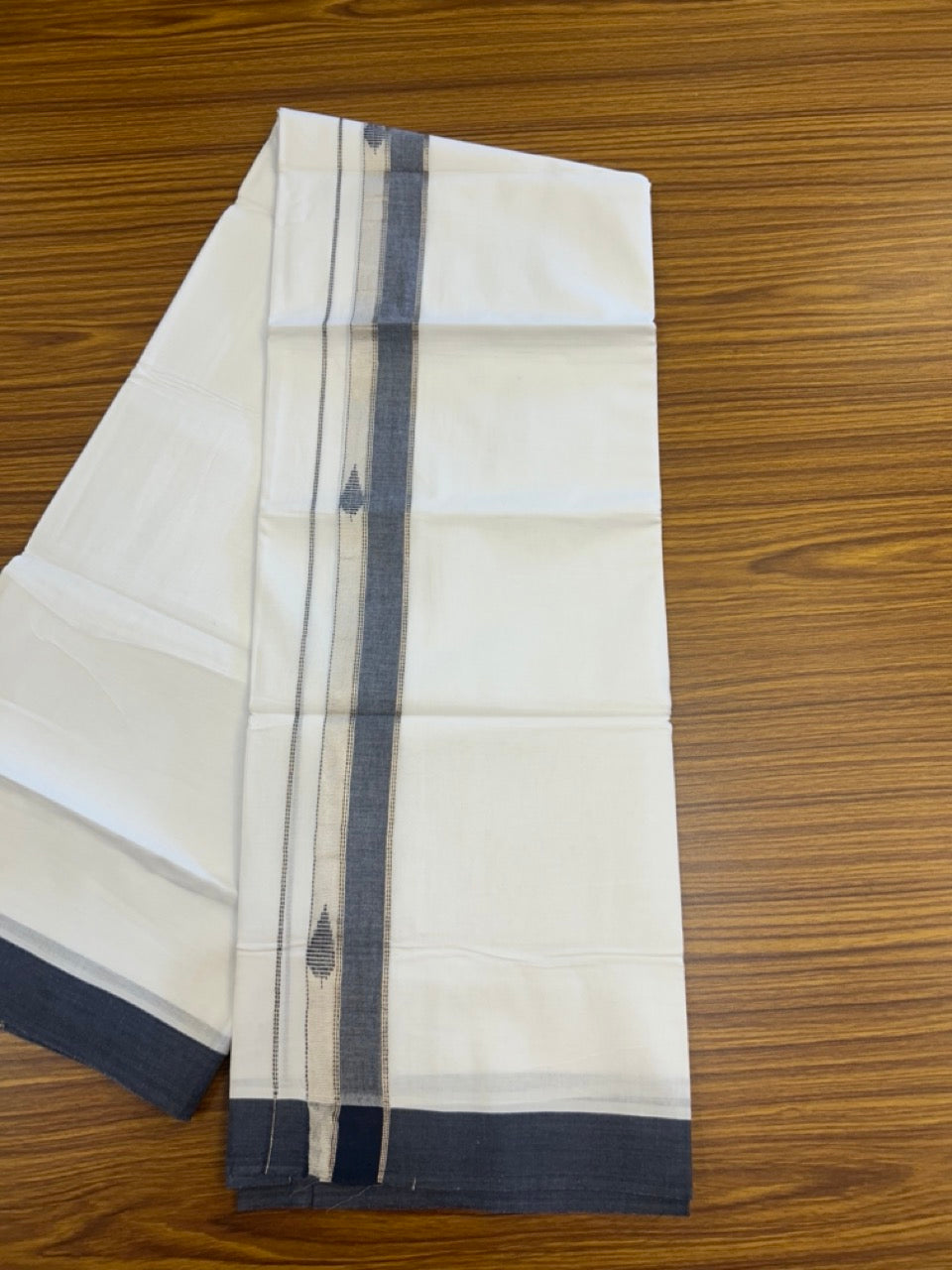 20% Discount ! Kaitharikada Balaramapuram 100% Cotton Pure White Double Mundu/Dothi - 100x80 - 1.5 inch Blue & Silver Kasav Design Kara 3.90 mtr (8 muzham) - 14 KK5291 VAS